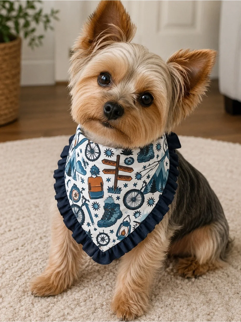 Griffy & Drake Navy Ruffle Adventure Dog Bandana - Blue Travel Print XS 8” NWT